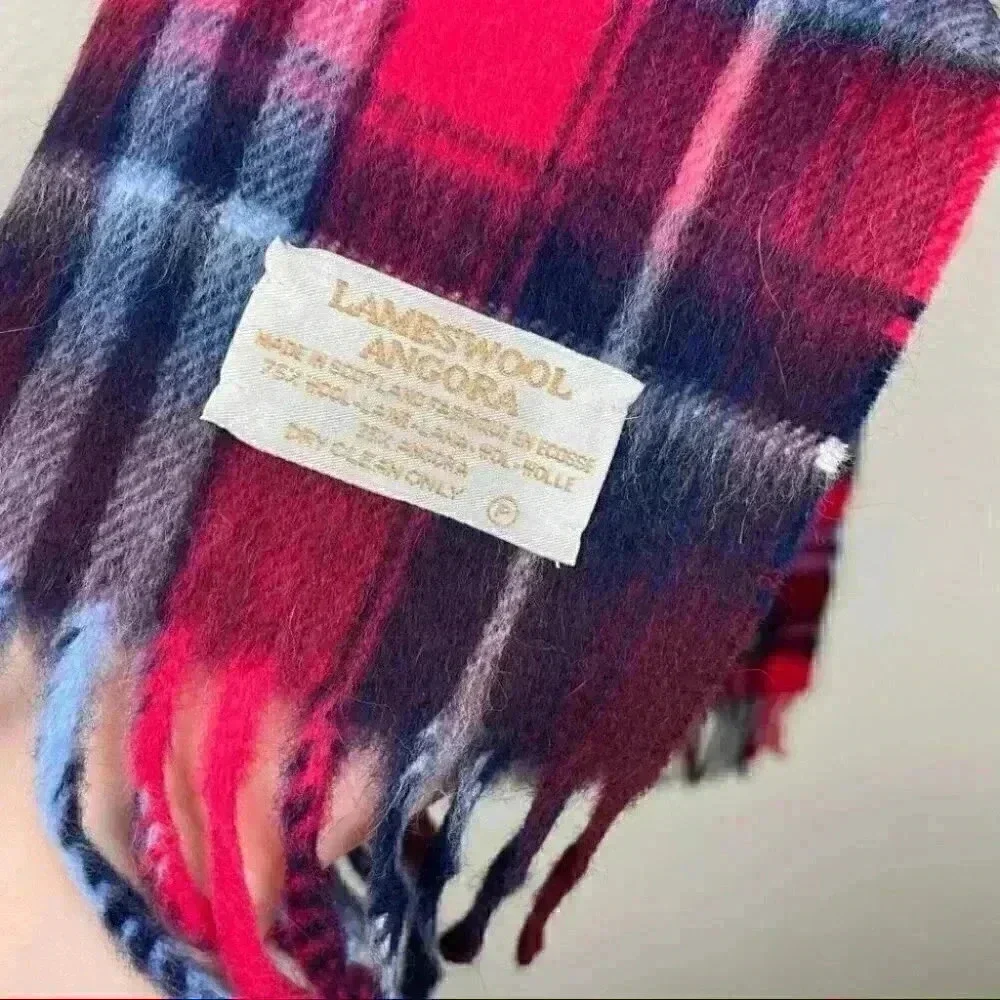 VTG Angora Lambsool Plaid Fringe Rectangle Scarf